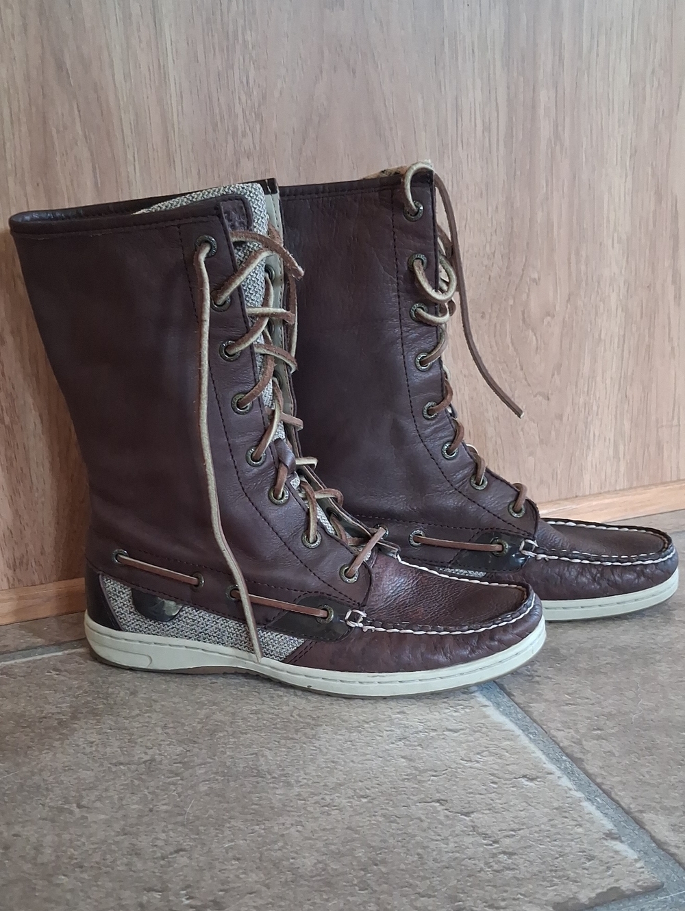 Sperry Brown Leather Lace-Up Tall Moc-Toe Boots with Cream Accents